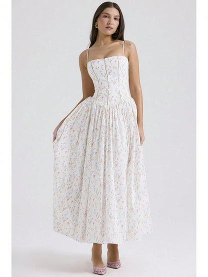 Corset Bustier Midi Dress Set, Spaghetti Strap & Puff Sleeve White Floral Sundress, A-Line Casual & Formal Gown