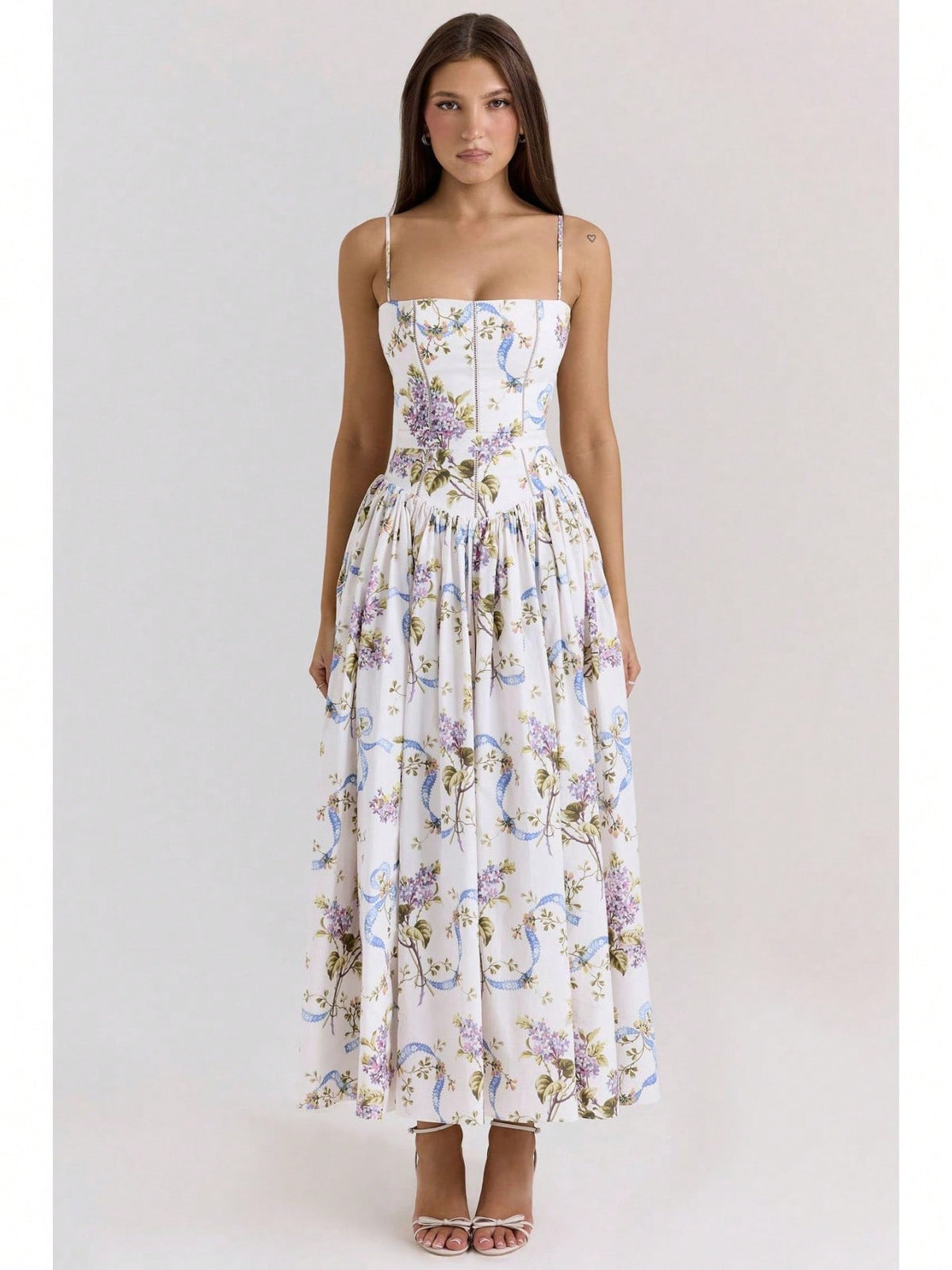 Corset Bustier Midi Dress Set, Spaghetti Strap & Puff Sleeve White Floral Sundress, A-Line Casual & Formal Gown