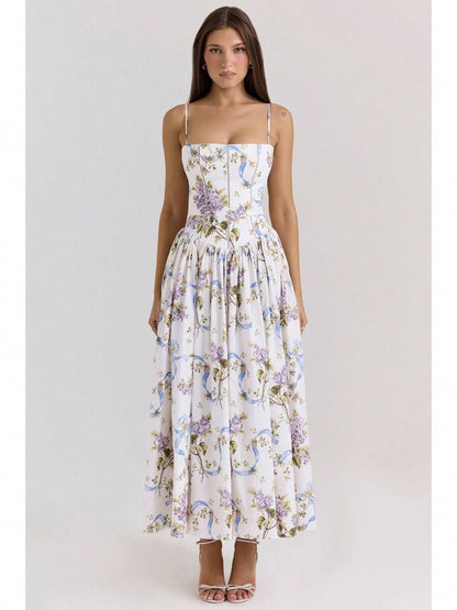 Corset Bustier Midi Dress Set, Spaghetti Strap & Puff Sleeve White Floral Sundress, A-Line Casual & Formal Gown