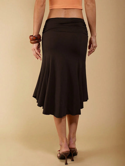 COSMINA Women's Elegant Asymmetrical Ruched Brown Skirt, Suitable For Spring/Summer Vacation