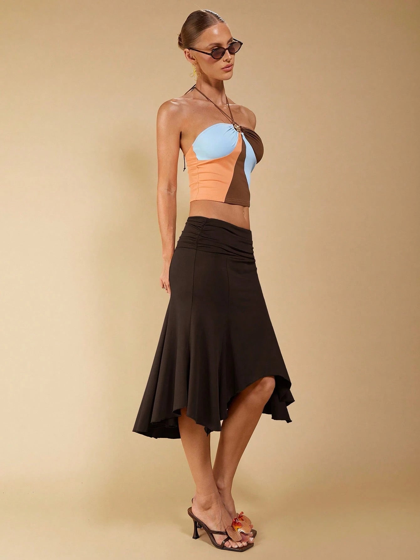 COSMINA Women's Elegant Asymmetrical Ruched Brown Skirt, Suitable For Spring/Summer Vacation