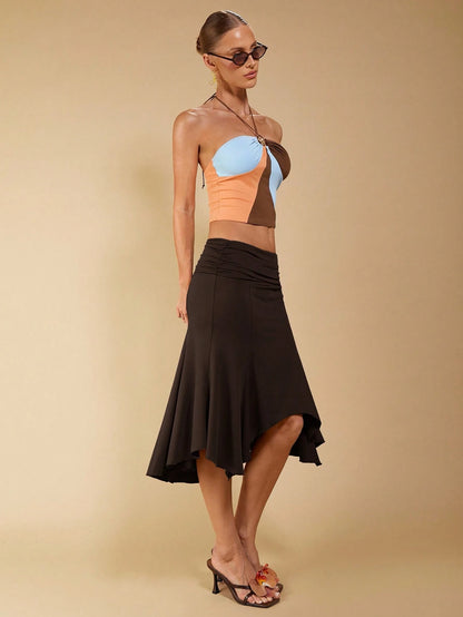 COSMINA Women's Elegant Asymmetrical Ruched Brown Skirt, Suitable For Spring/Summer Vacation