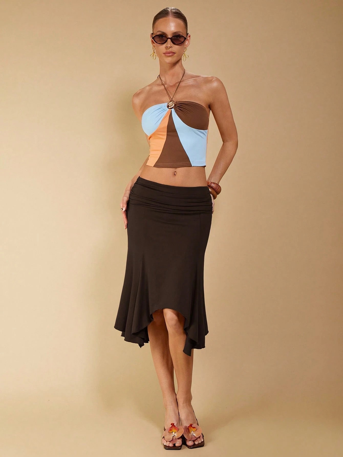 COSMINA Women's Elegant Asymmetrical Ruched Brown Skirt, Suitable For Spring/Summer Vacation
