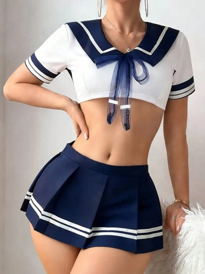 Cosplay School Uniform 3-Piece Set (Top, Pleated Skirt, G-String), Yuzu Party Outfit, Innocent Split Student Uniform, Suitable For Valentine's Day, Halloween, Kawaii Role Play Sailor Suit