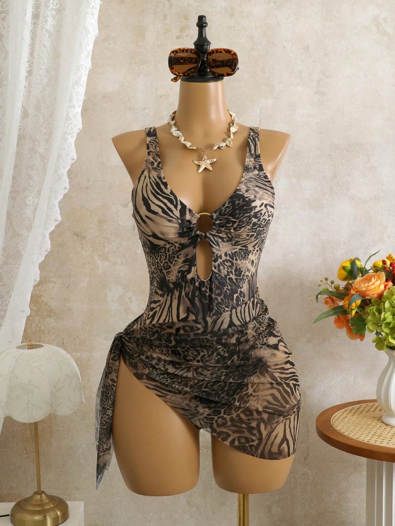 Costavie Leopard Print Random Deep V Sexy One-Piece Swimsuit For Women, 2-Piece Set With Mesh Wrap Skirt, Beach Holiday Sexy Swimwear Woman Two Piece Outfit