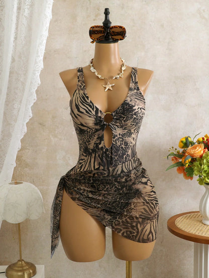 Costavie Leopard Print Random Deep V Sexy One-Piece Swimsuit For Women, 2-Piece Set With Mesh Wrap Skirt, Beach Holiday Sexy Swimwear Woman Two Piece Outfit