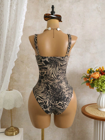 Costavie Leopard Print Random Deep V Sexy One-Piece Swimsuit For Women, 2-Piece Set With Mesh Wrap Skirt, Beach Holiday Sexy Swimwear Woman Two Piece Outfit