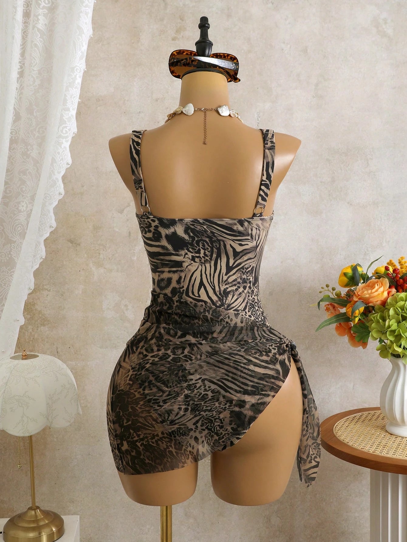 Costavie Leopard Print Random Deep V Sexy One-Piece Swimsuit For Women, 2-Piece Set With Mesh Wrap Skirt, Beach Holiday Sexy Swimwear Woman Two Piece Outfit