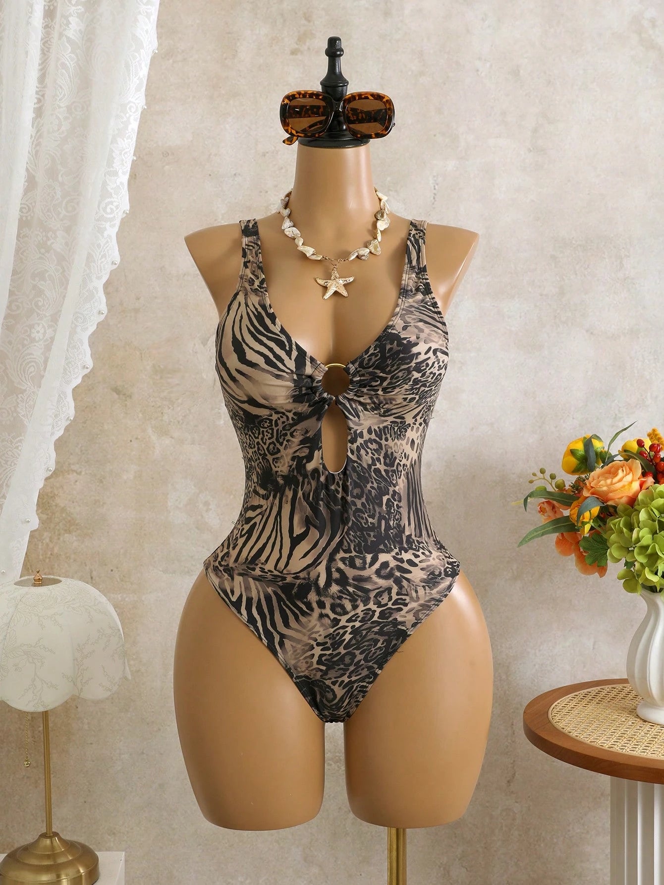 Costavie Leopard Print Random Deep V Sexy One-Piece Swimsuit For Women, 2-Piece Set With Mesh Wrap Skirt, Beach Holiday Sexy Swimwear Woman Two Piece Outfit