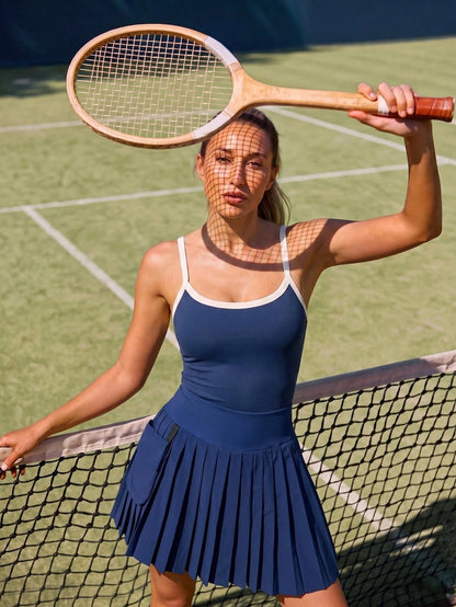 CourtClass Casual Versatile Navy Blue Pleated Tennis Outfit With Storage Pockets, Slimming
