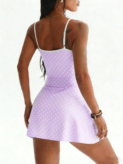 CourtClass CourtClass Women's Spring/Summer Golf Sports Dress, Spaghetti Strap, Polka Dot Print, Contrast Color Waistband, Front Slit, Contrast Trim, Detachable Shorts With Pockets, Suitable For Casua