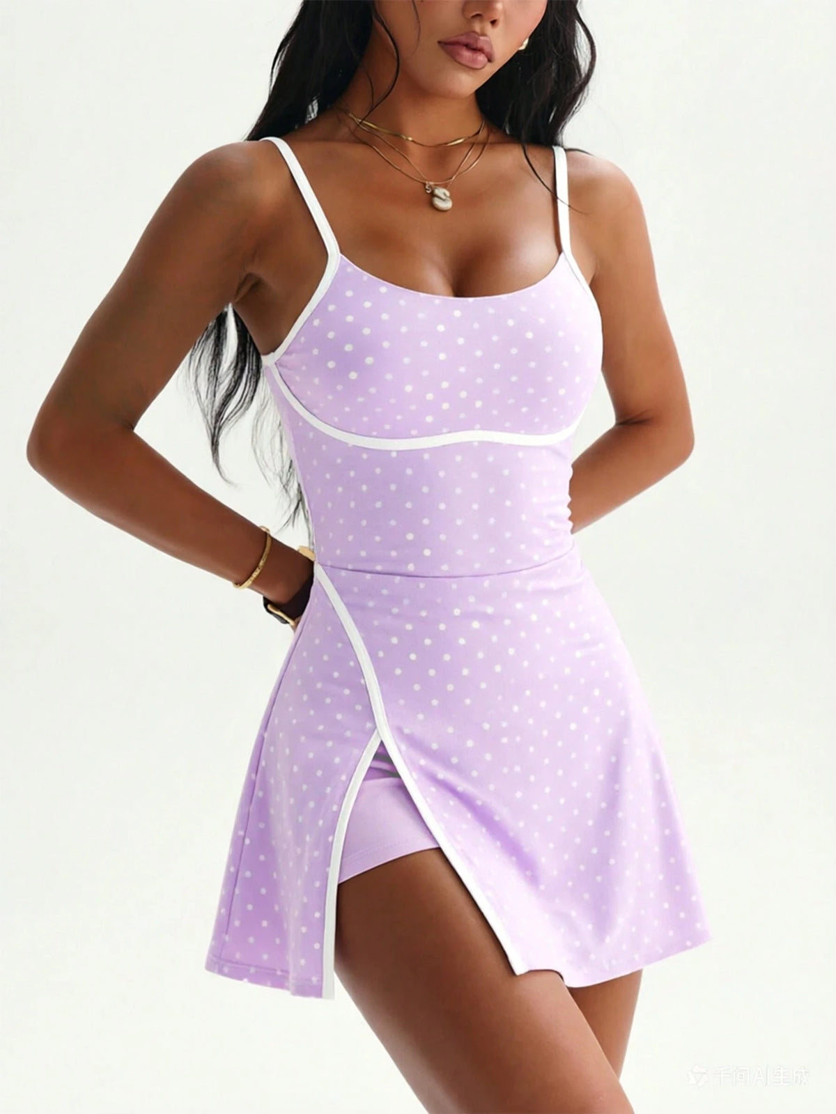 CourtClass CourtClass Women's Spring/Summer Golf Sports Dress, Spaghetti Strap, Polka Dot Print, Contrast Color Waistband, Front Slit, Contrast Trim, Detachable Shorts With Pockets, Suitable For Casua