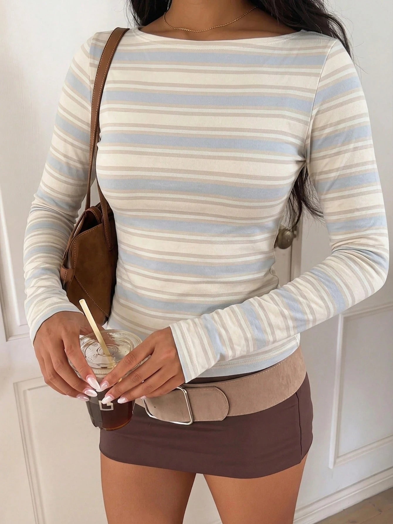 CovetEZ Casual Minimalist Sexy Off-Shoulder Cream Yellow Striped Long Sleeve T-Shirt, Suitable For Autumn/Winter Season, Autumn/Winter Clothing Matching, Cream Yellow Stripes Make You Look Fairer