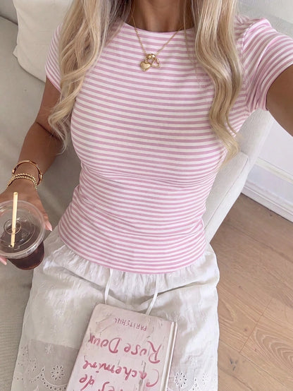 CovetEZ Casual Minimalist Sexy Pink Striped Short Sleeve T-Shirt, Suitable For Spring And Summer, Spring And Summer, Pink Stripes Make You Look Fairer