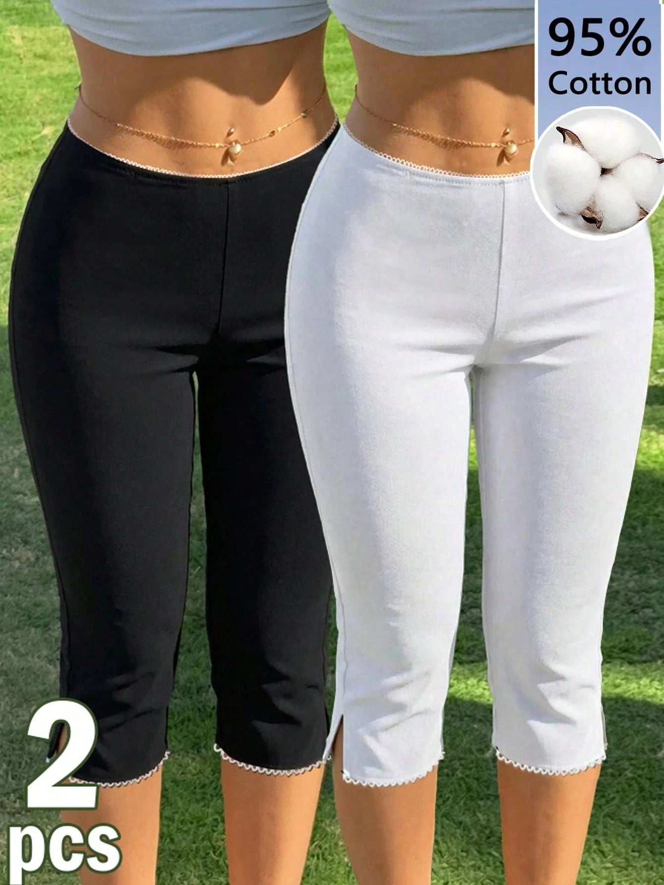 CovetEZ Women's 2 Pieces Set Black And White 95% Cotton Knit Elastic Capri Leggings, Casual Summer Workout Sporty For Beach Boho Music Festivals