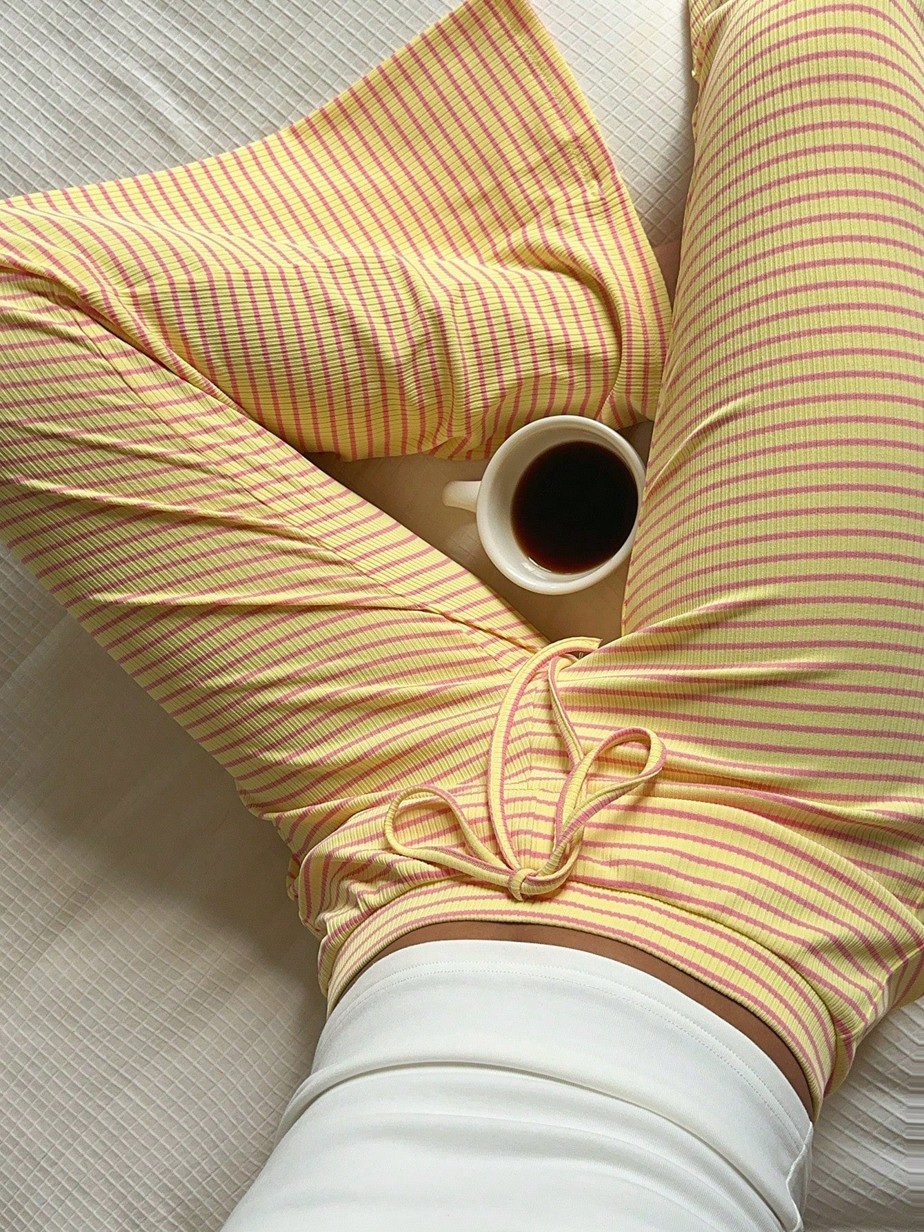 CovetEZ Women's Casual Boho Yellow Striped Print Knot Waist Flare Leg Pants
