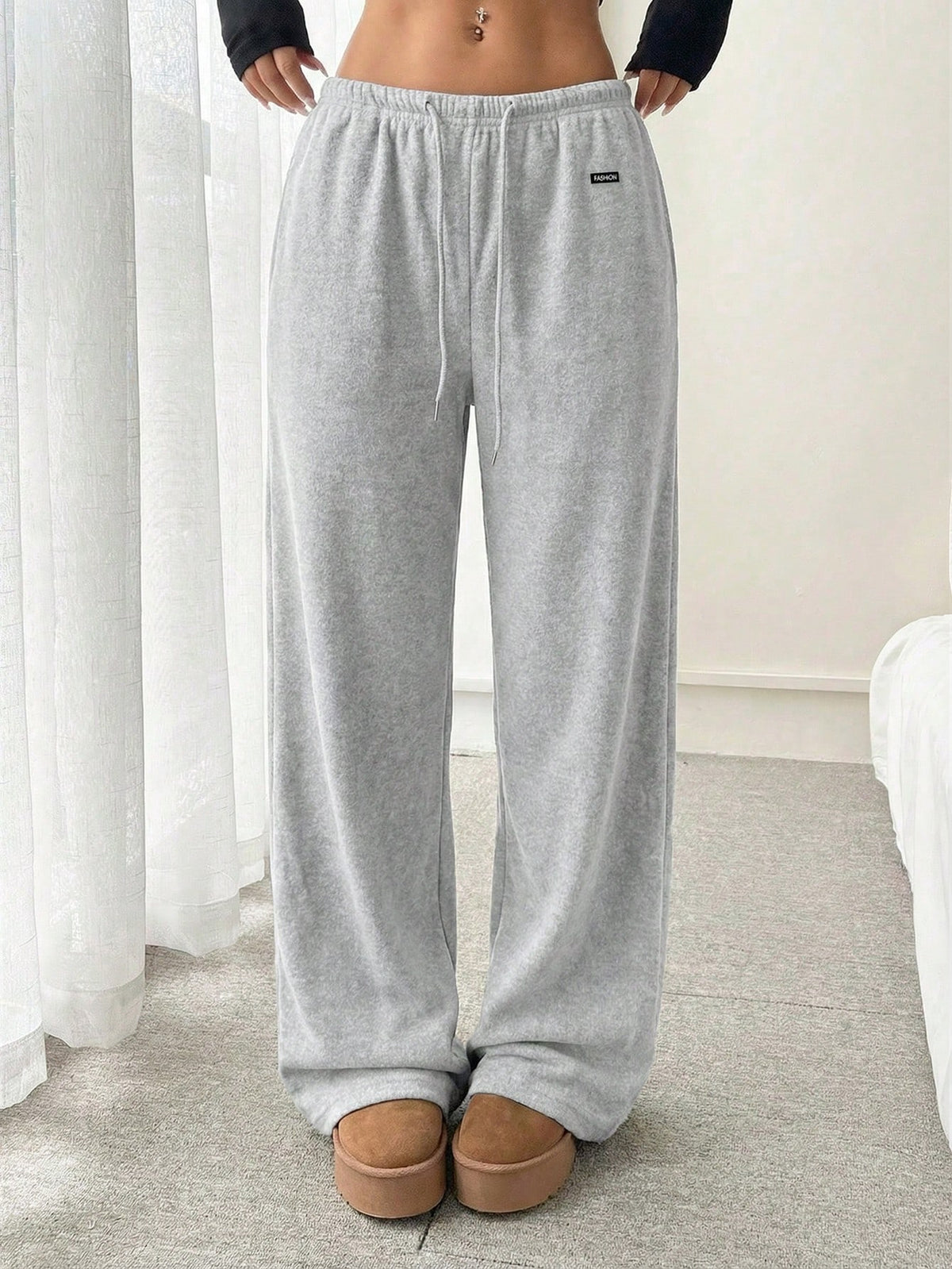 CovetEZ Women's Double-Sided Fleece Solid Color Letter Print Drawstring Waist Pants Grey Sweatpants