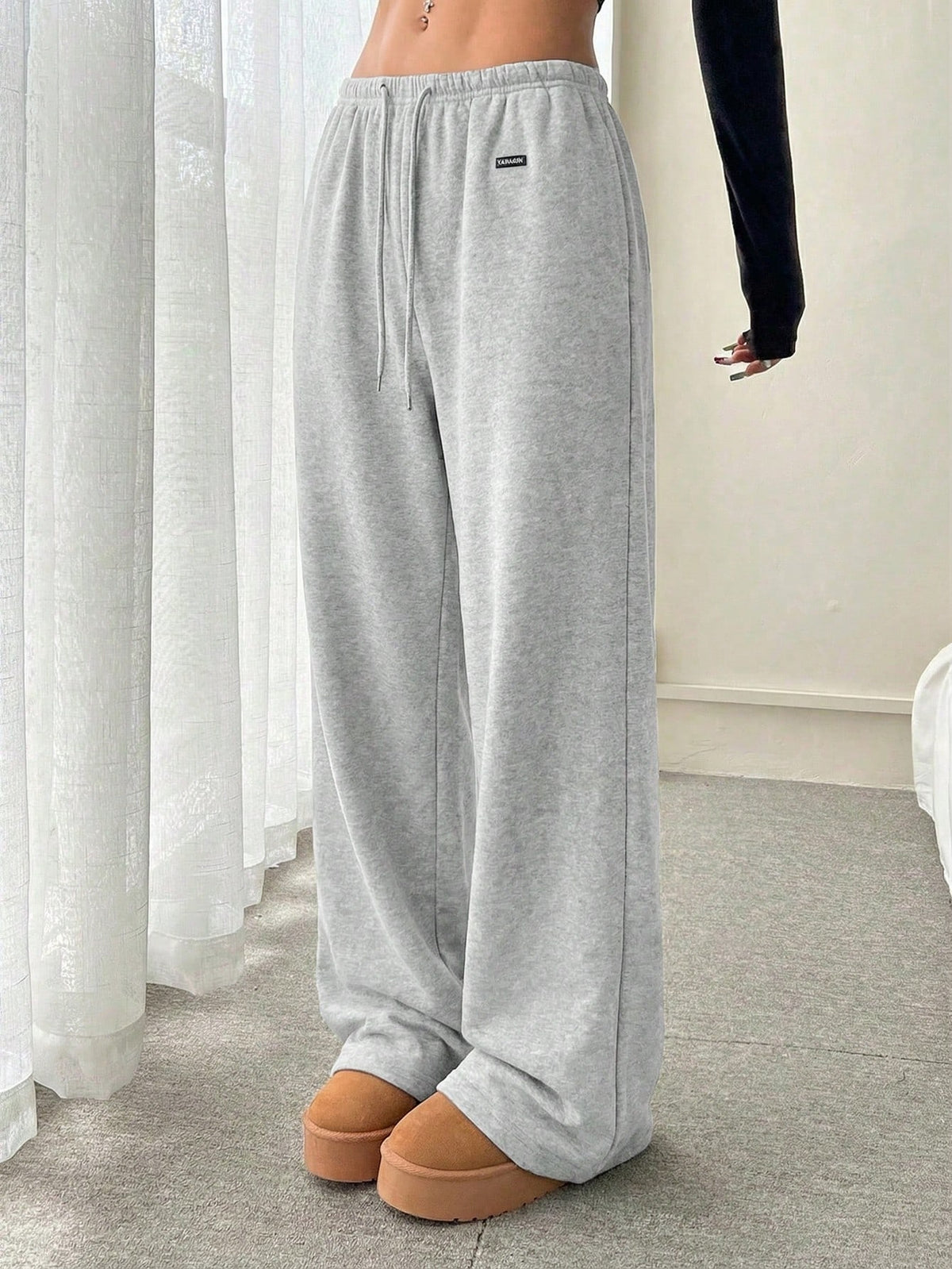 CovetEZ Women's Double-Sided Fleece Solid Color Letter Print Drawstring Waist Pants Grey Sweatpants