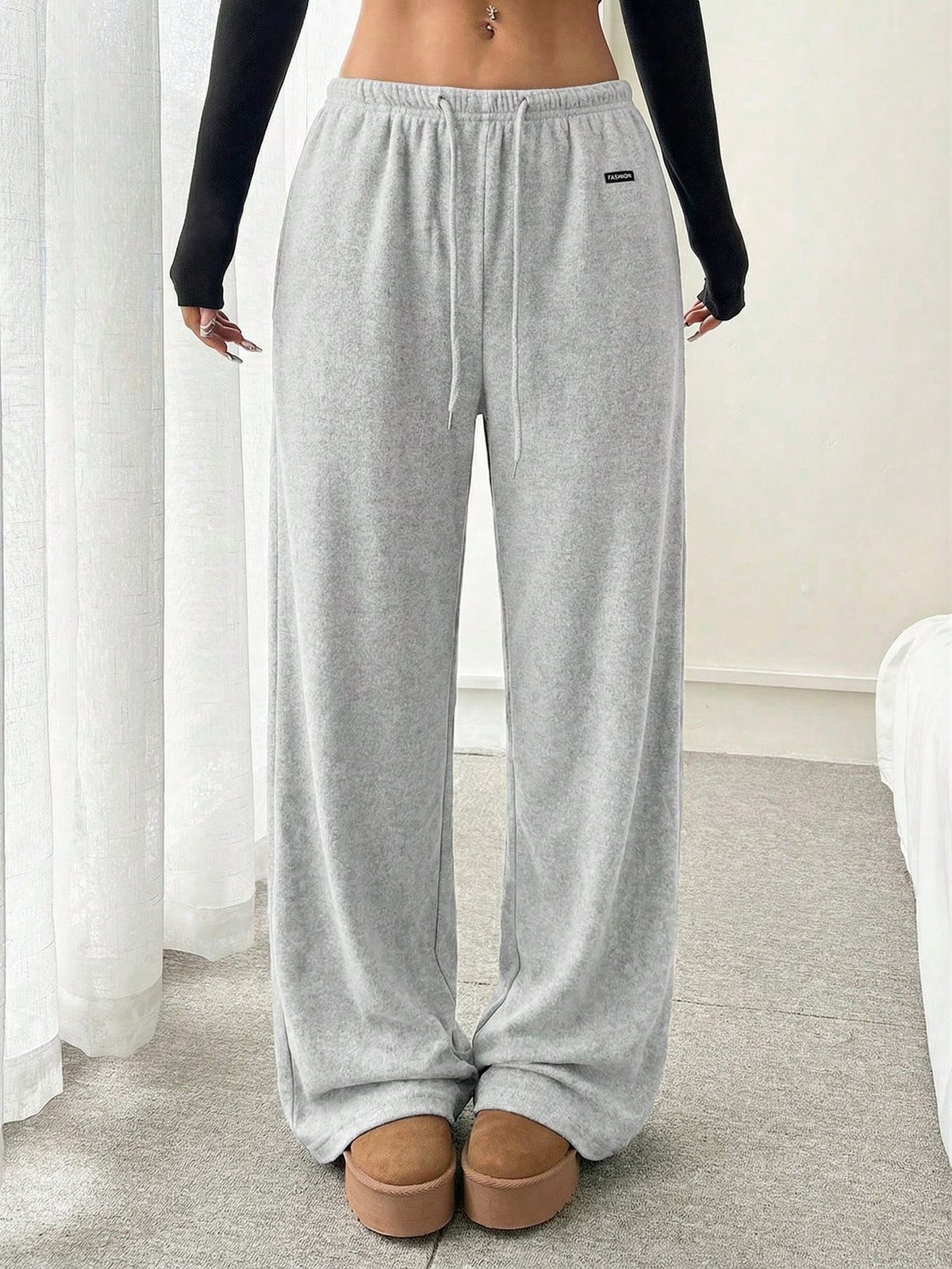 CovetEZ Women's Double-Sided Fleece Solid Color Letter Print Drawstring Waist Pants Grey Sweatpants