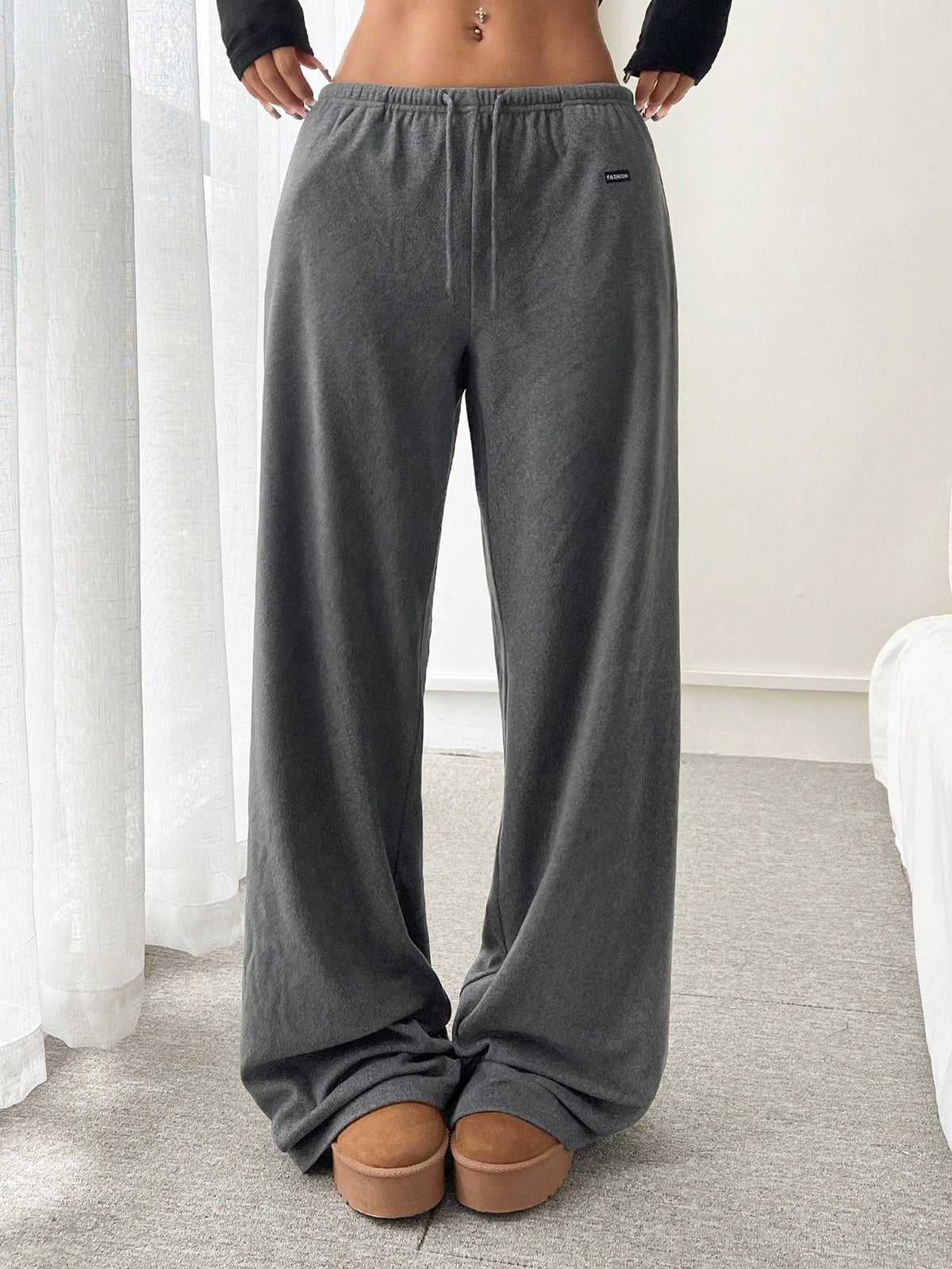 CovetEZ Women's Double-Sided Fleece Solid Color Letter Print Drawstring Waist Pants Grey Sweatpants