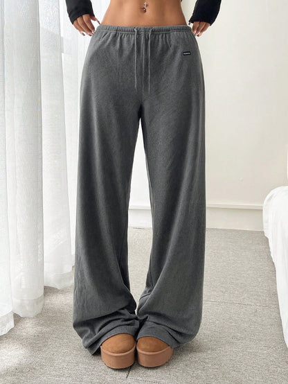 CovetEZ Women's Double-Sided Fleece Solid Color Letter Print Drawstring Waist Pants Grey Sweatpants