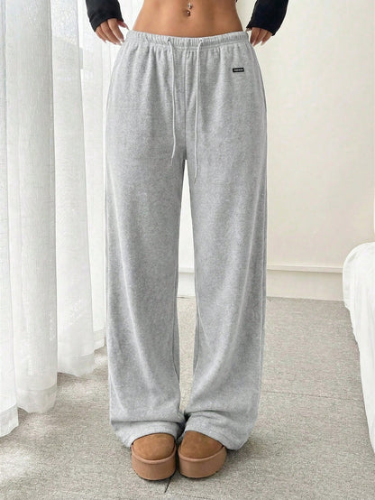CovetEZ Women's Double-Sided Fleece Solid Color Letter Print Drawstring Waist Pants Grey Sweatpants
