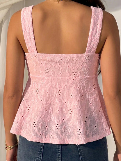 CovetEZ Women's Hollow Out Tie-Up Casual Vacation Tank Top, Light Pink,Summer Top
