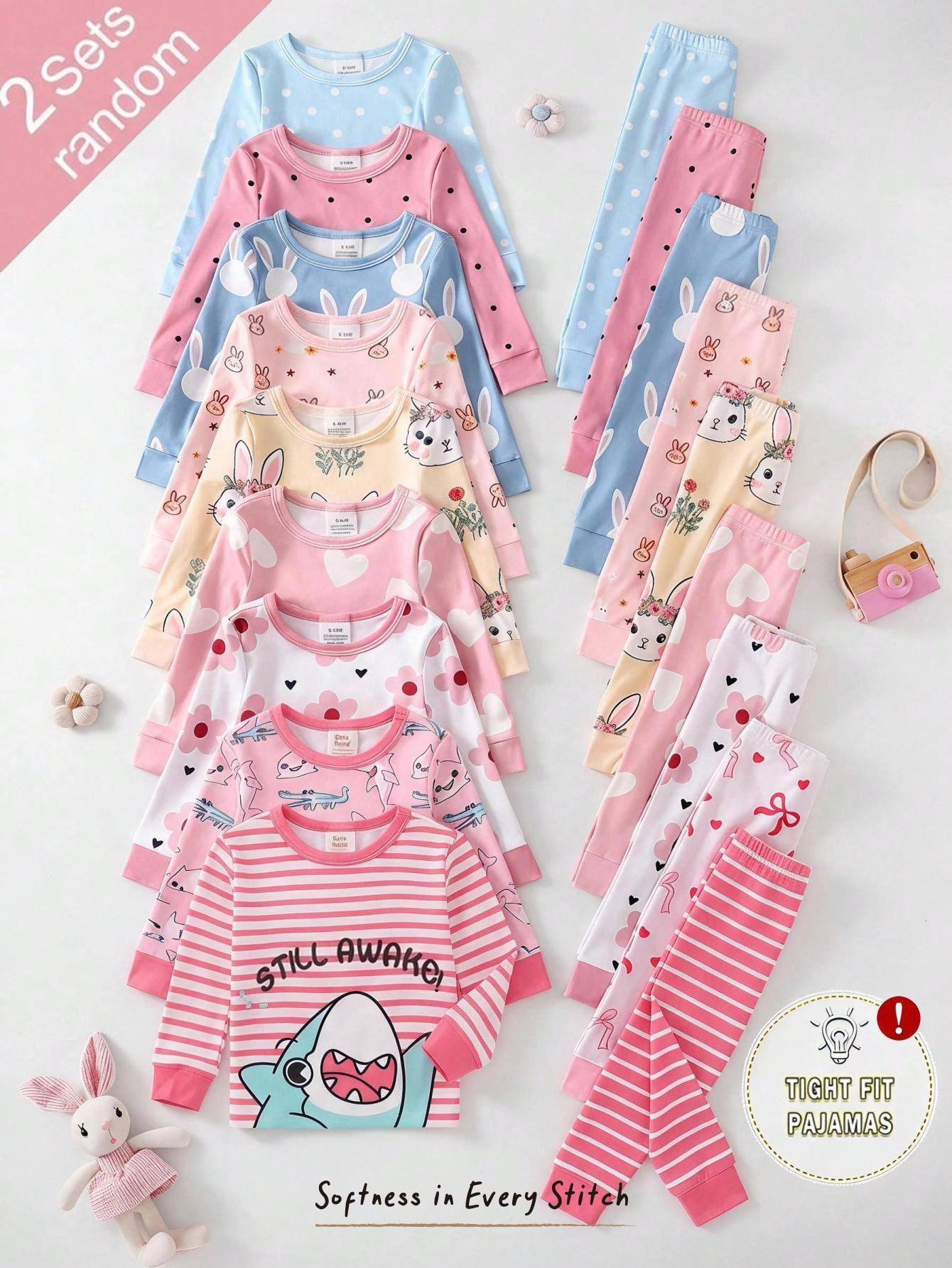 Cozy Pixies [2 Random Sets] Baby Girl Home Wear Tight-Fitting Pajama Set, Long Sleeve Long Pants, Rabbit Heart Bow Polka Dot Stripe Snug Fit