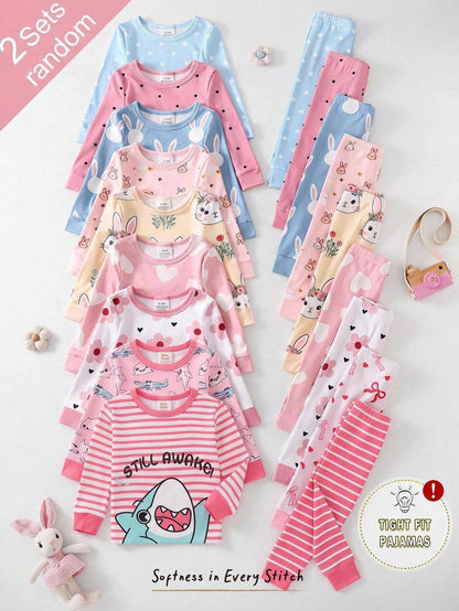 Cozy Pixies [2 Random Sets] Baby Girl Home Wear Tight-Fitting Pajama Set, Long Sleeve Long Pants, Rabbit Heart Bow Polka Dot Stripe Snug Fit