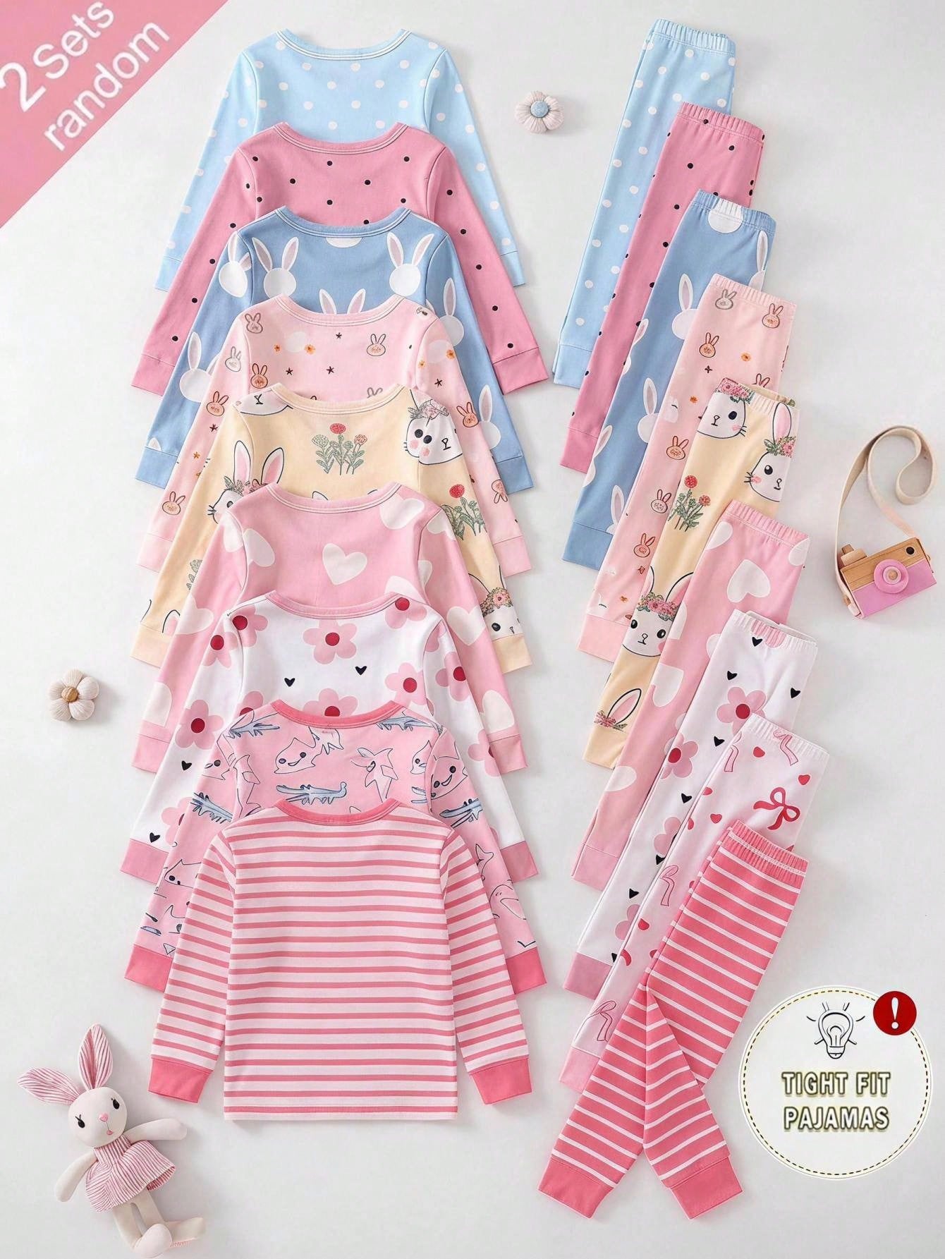 Cozy Pixies [2 Random Sets] Baby Girl Home Wear Tight-Fitting Pajama Set, Long Sleeve Long Pants, Rabbit Heart Bow Polka Dot Stripe Snug Fit