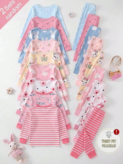 Cozy Pixies [2 Random Sets] Baby Girl Home Wear Tight-Fitting Pajama Set, Long Sleeve Long Pants, Rabbit Heart Bow Polka Dot Stripe Snug Fit
