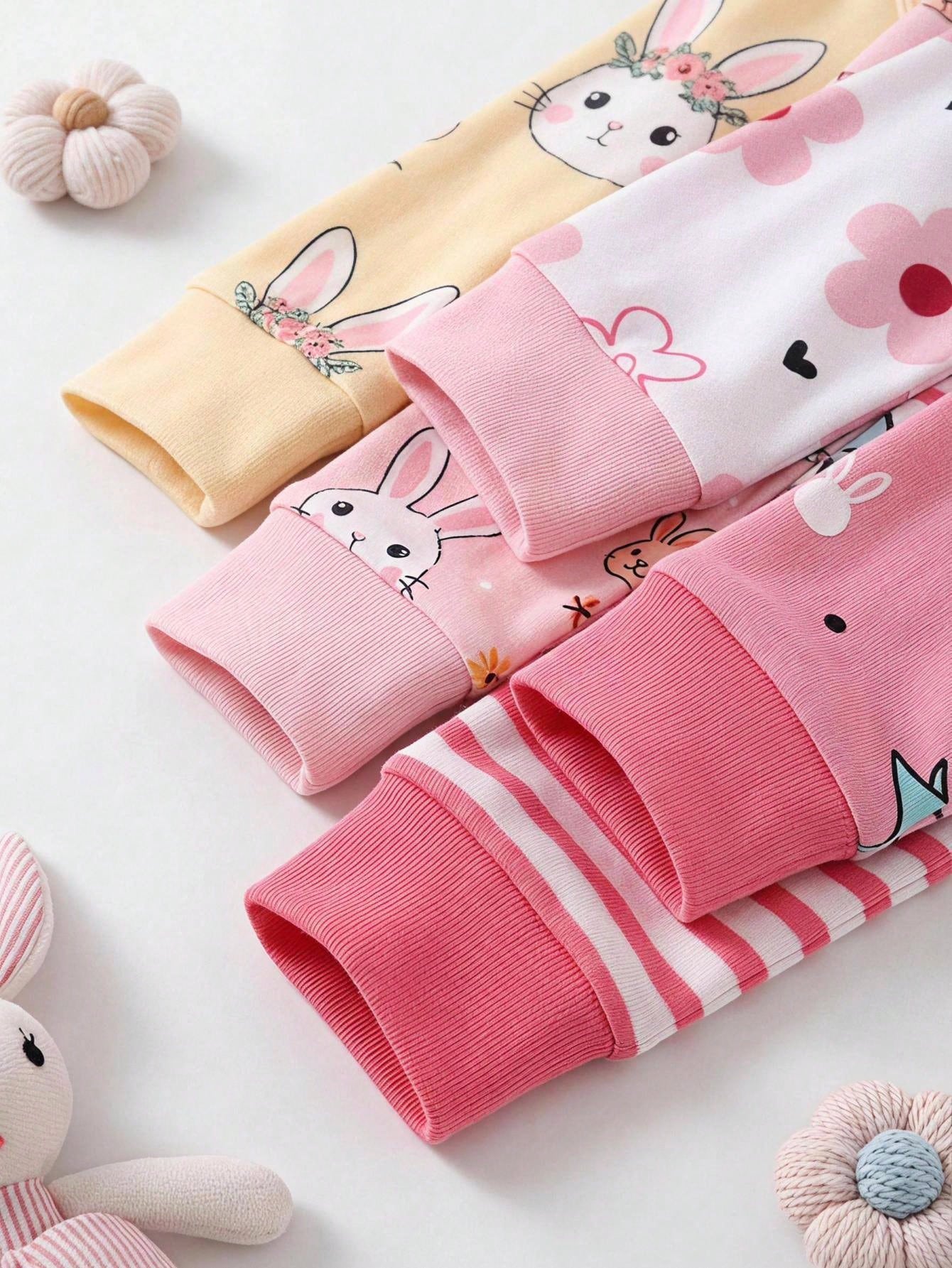 Cozy Pixies [2 Random Sets] Baby Girl Home Wear Tight-Fitting Pajama Set, Long Sleeve Long Pants, Rabbit Heart Bow Polka Dot Stripe Snug Fit