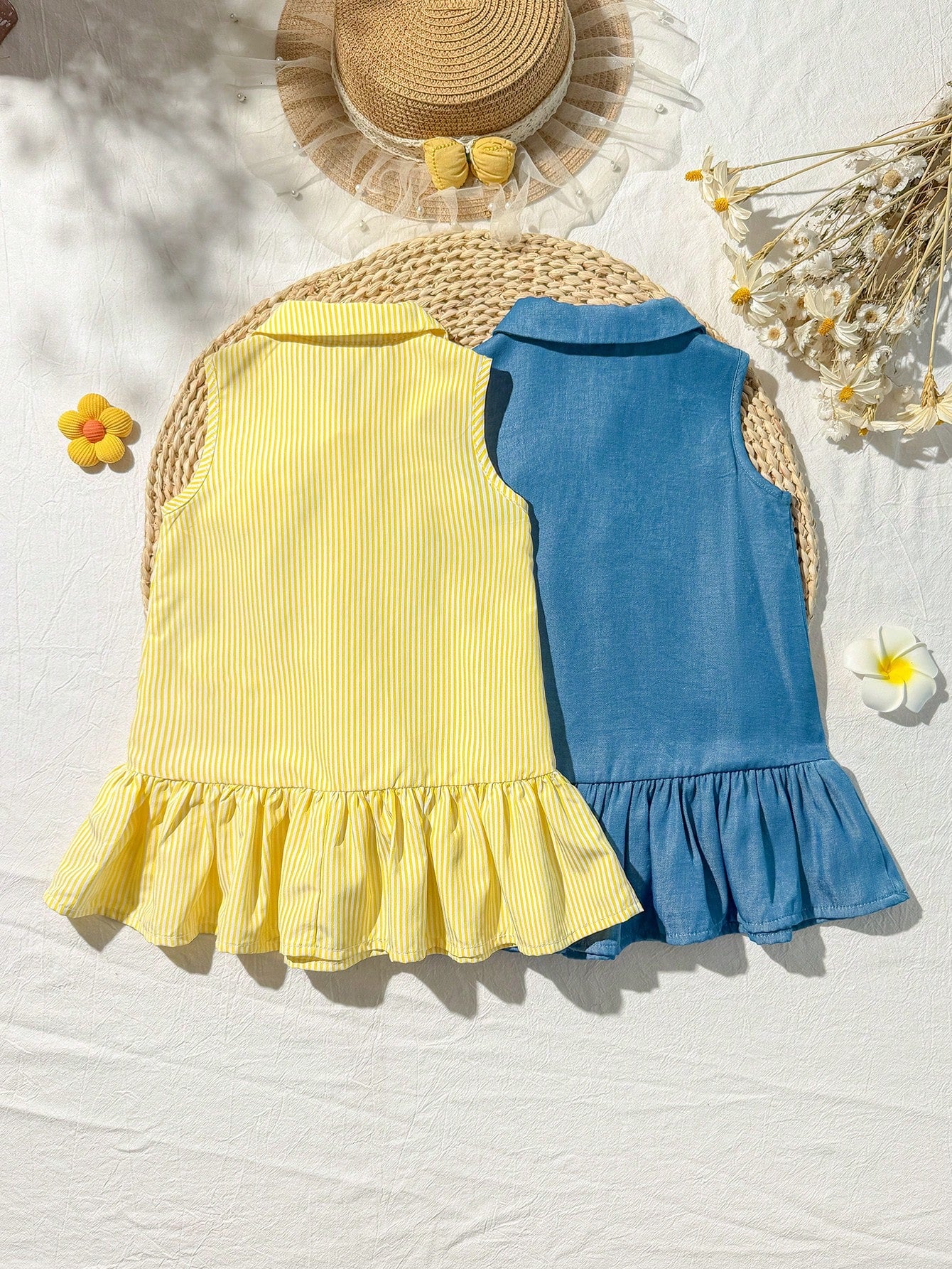 Cozy Pixies 2pcs/Set Baby Girl Casual Home Cute Bee & Floral Striped Button Front Sleeveless Patchwork Ruffle Hem A-Line Dress T-Shirt Polo Dress Outfit