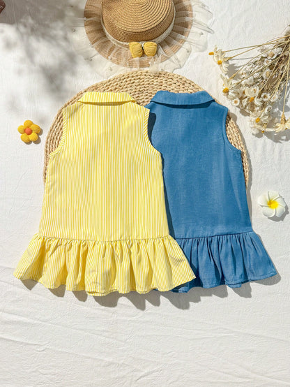 Cozy Pixies 2pcs/Set Baby Girl Casual Home Cute Bee & Floral Striped Button Front Sleeveless Patchwork Ruffle Hem A-Line Dress T-Shirt Polo Dress Outfit