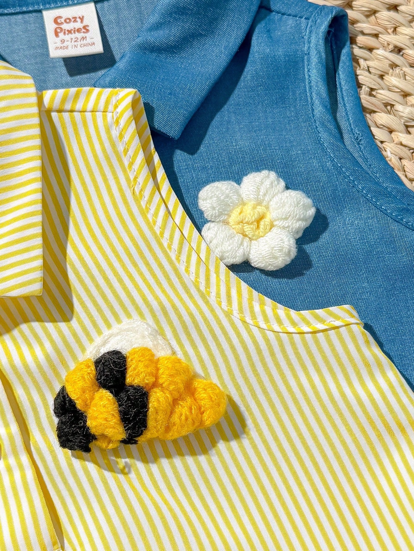 Cozy Pixies 2pcs/Set Baby Girl Casual Home Cute Bee & Floral Striped Button Front Sleeveless Patchwork Ruffle Hem A-Line Dress T-Shirt Polo Dress Outfit