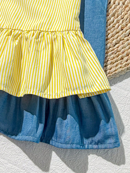 Cozy Pixies 2pcs/Set Baby Girl Casual Home Cute Bee & Floral Striped Button Front Sleeveless Patchwork Ruffle Hem A-Line Dress T-Shirt Polo Dress Outfit