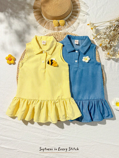 Cozy Pixies 2pcs/Set Baby Girl Casual Home Cute Bee & Floral Striped Button Front Sleeveless Patchwork Ruffle Hem A-Line Dress T-Shirt Polo Dress Outfit