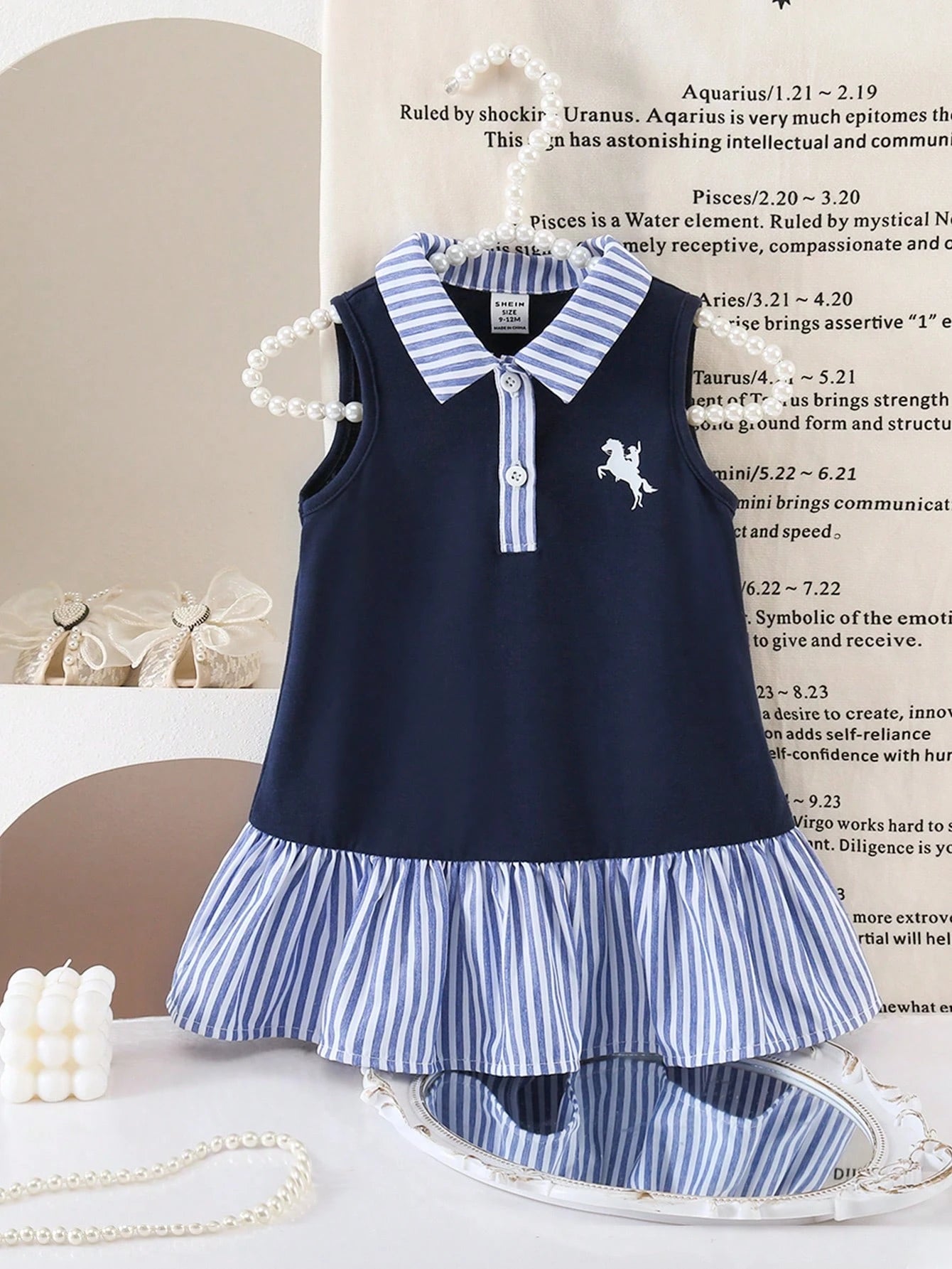 Cozy Pixies 2pcs/Set Baby Girl Casual Home Cute Bee & Floral Striped Button Front Sleeveless Patchwork Ruffle Hem A-Line Dress T-Shirt Polo Dress Outfit