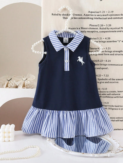Cozy Pixies 2pcs/Set Baby Girl Casual Home Cute Bee & Floral Striped Button Front Sleeveless Patchwork Ruffle Hem A-Line Dress T-Shirt Polo Dress Outfit
