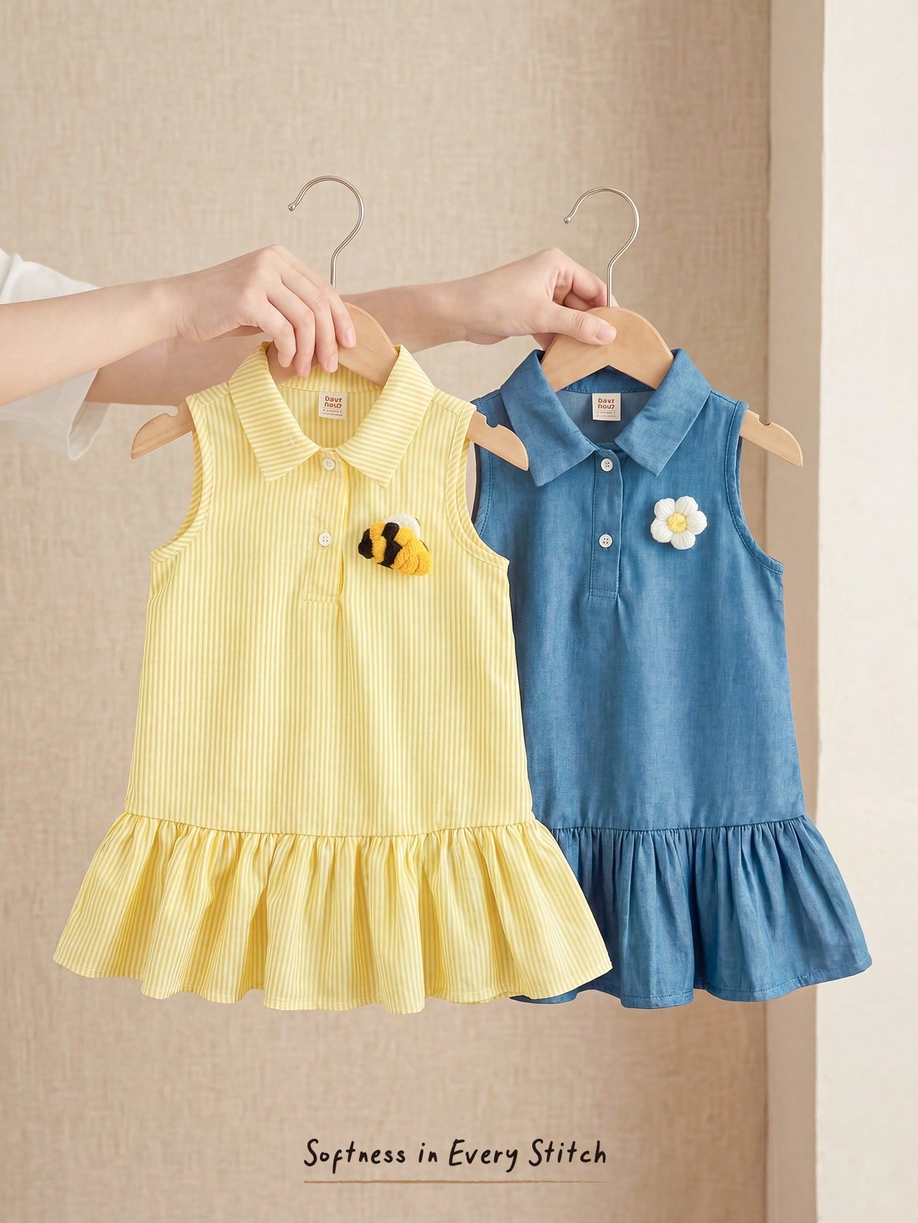 Cozy Pixies 2pcs/Set Baby Girl Casual Home Cute Bee & Floral Striped Button Front Sleeveless Patchwork Ruffle Hem A-Line Dress T-Shirt Polo Dress Outfit