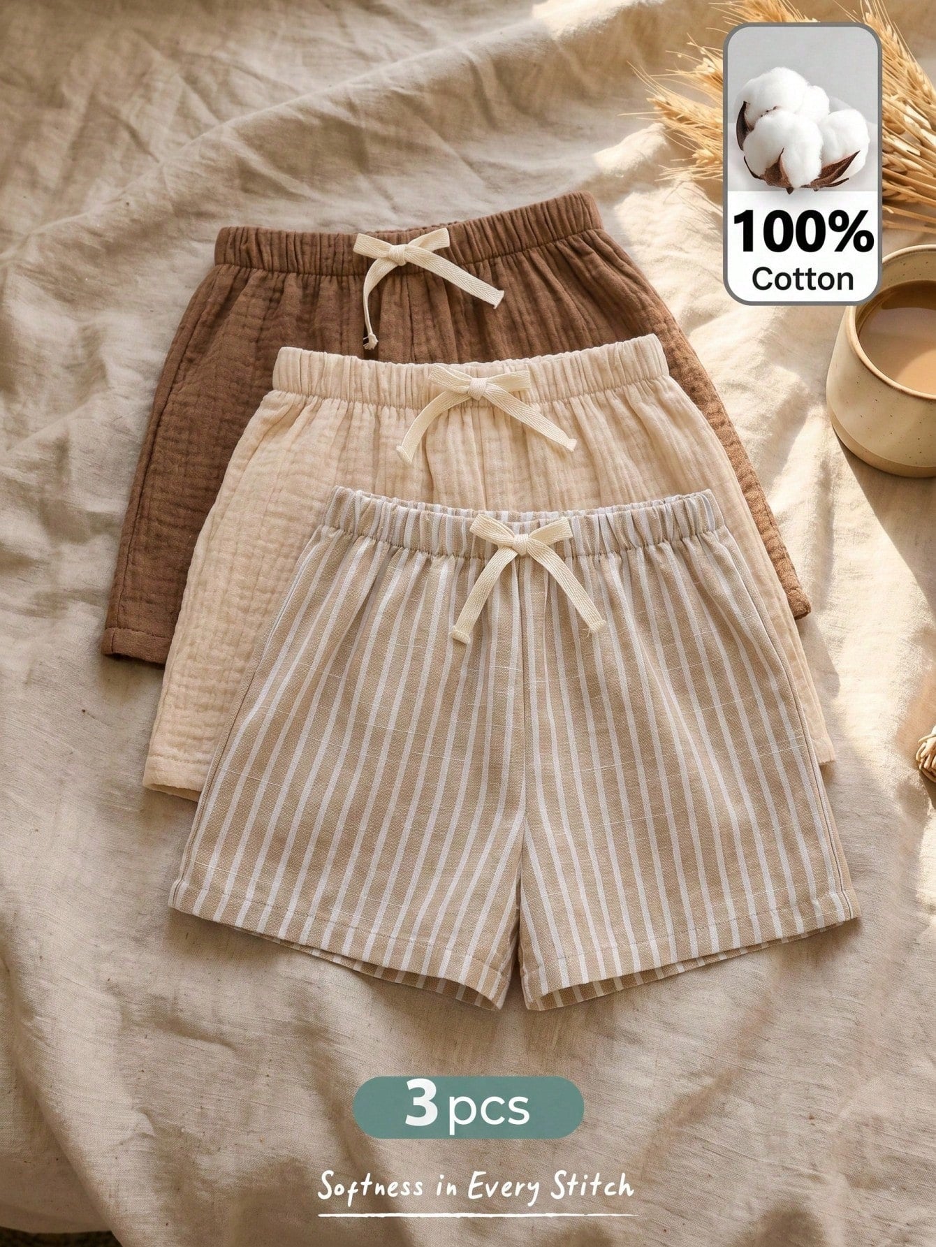 Cozy Pixies 3pcs/Set Young Boy Elastic Waist Shorts With Decorative Ribbon, Versatile & Comfortable
