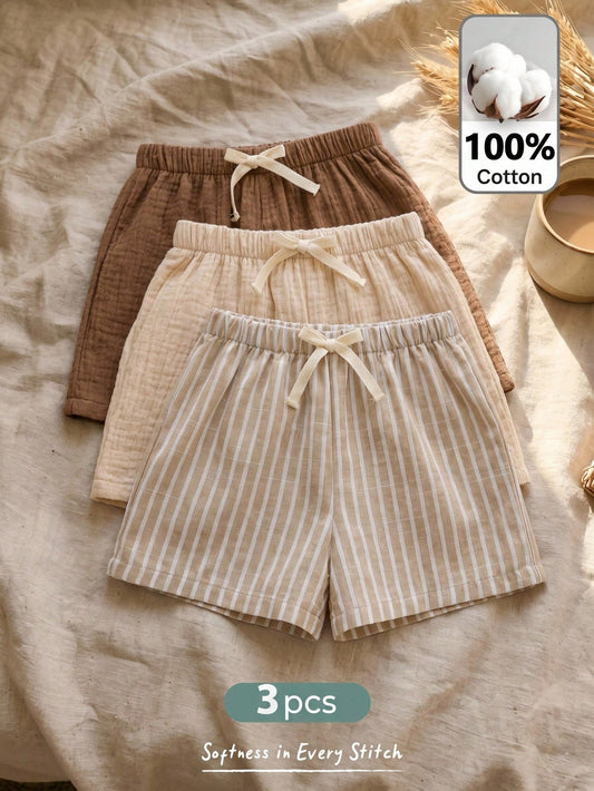 Cozy Pixies 3pcs/Set Young Boy Elastic Waist Shorts With Decorative Ribbon, Versatile & Comfortable