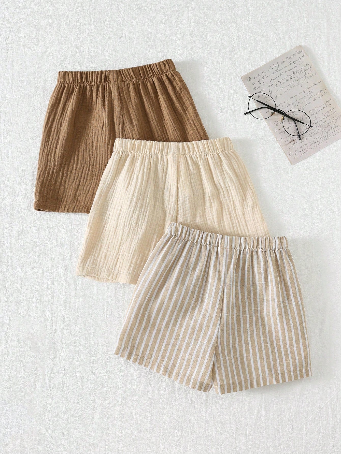 Cozy Pixies 3pcs/Set Young Boy Elastic Waist Shorts With Decorative Ribbon, Versatile & Comfortable