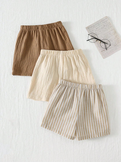 Cozy Pixies 3pcs/Set Young Boy Elastic Waist Shorts With Decorative Ribbon, Versatile & Comfortable