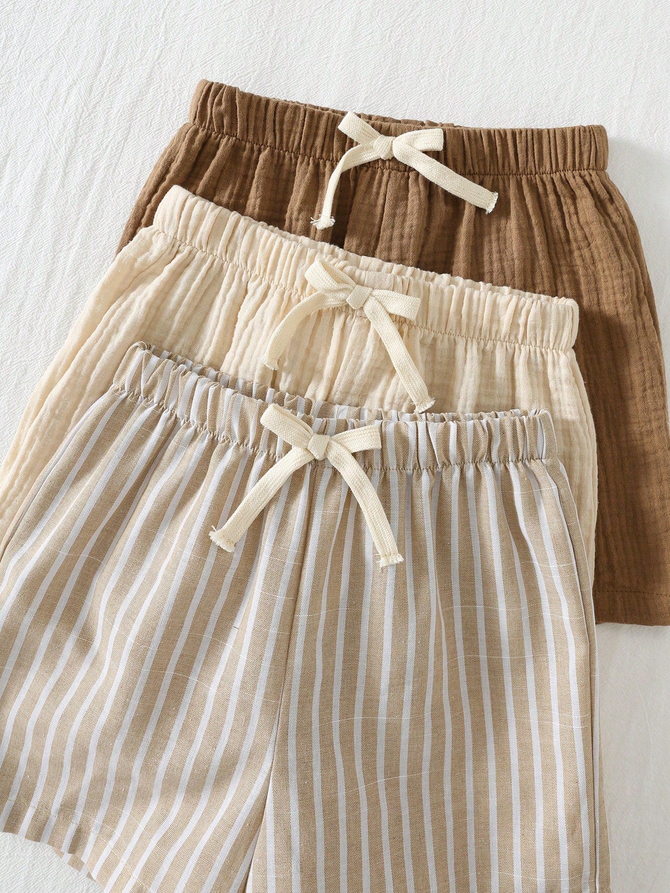 Cozy Pixies 3pcs/Set Young Boy Elastic Waist Shorts With Decorative Ribbon, Versatile & Comfortable