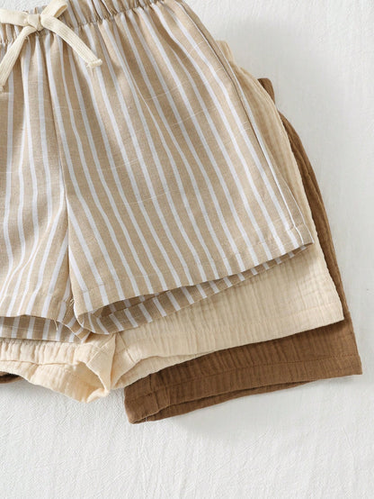 Cozy Pixies 3pcs/Set Young Boy Elastic Waist Shorts With Decorative Ribbon, Versatile & Comfortable