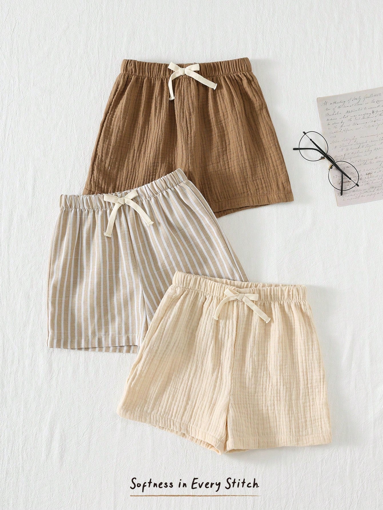 Cozy Pixies 3pcs/Set Young Boy Elastic Waist Shorts With Decorative Ribbon, Versatile & Comfortable