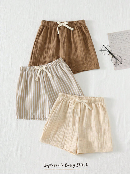 Cozy Pixies 3pcs/Set Young Boy Elastic Waist Shorts With Decorative Ribbon, Versatile & Comfortable