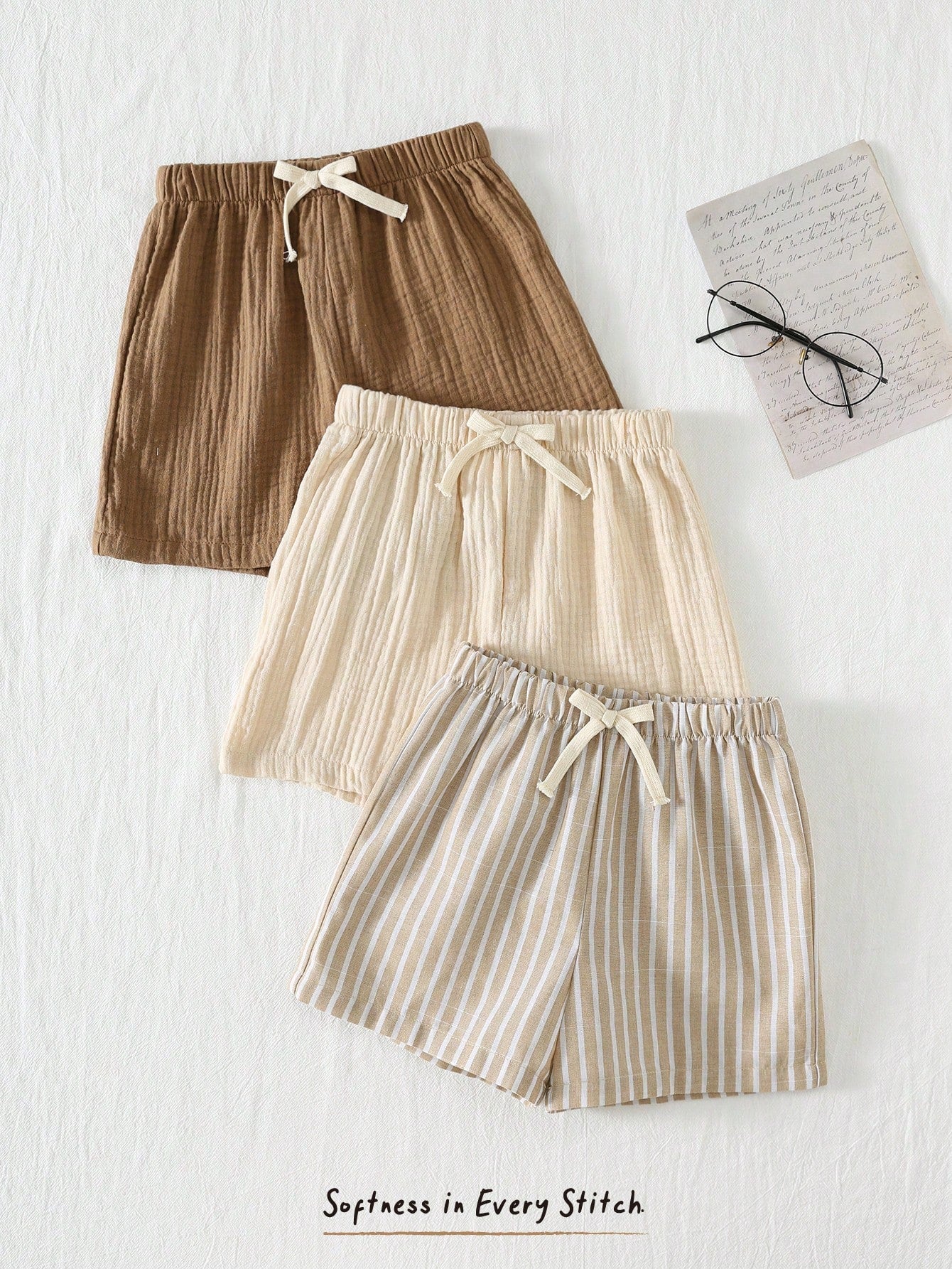 Cozy Pixies 3pcs/Set Young Boy Elastic Waist Shorts With Decorative Ribbon, Versatile & Comfortable