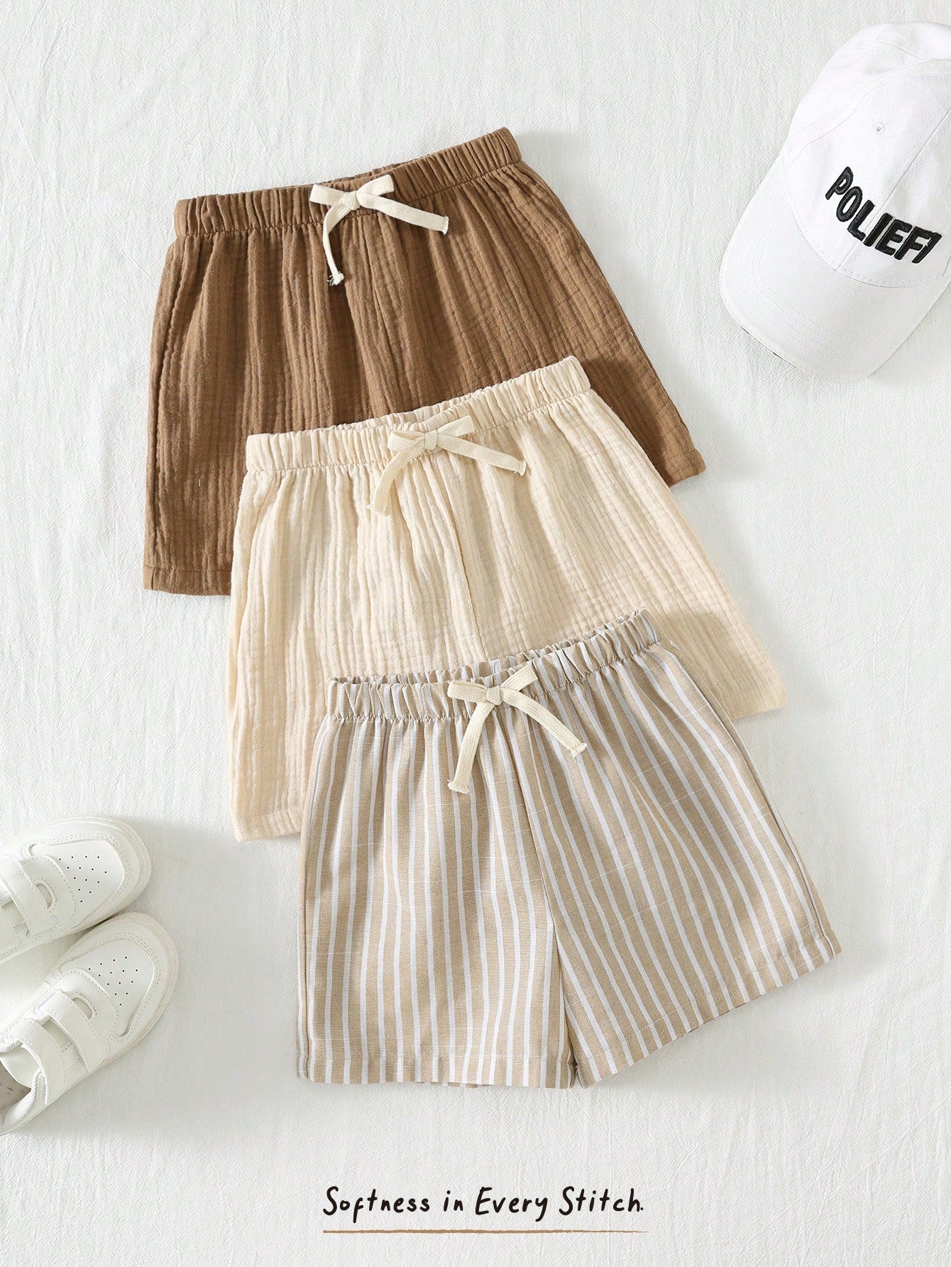 Cozy Pixies 3pcs/Set Young Boy Elastic Waist Shorts With Decorative Ribbon, Versatile & Comfortable